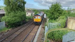 Watching Diesel Freight Trains and DMU's Passing Iron Bridge Accrington 70805 66772 150105 150148