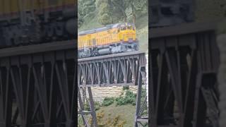 The Union Pacific mix freight manifest crosses the iron bridge #model #railway #trains #fun #up #tx