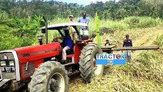 Tractor massey Ferguson work in the sugar cane field to move the iron bridge