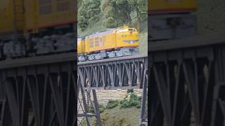 The UP Gas Turbine crosses the iron bridge #model #railway #turbine #fun #train #union #Pacific #dcc